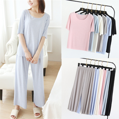 夏款女簡(jiǎn)約純色坑條針織衫短袖T恤上衣闊腿褲薄套裝家居睡衣6色入評(píng)測(cè)